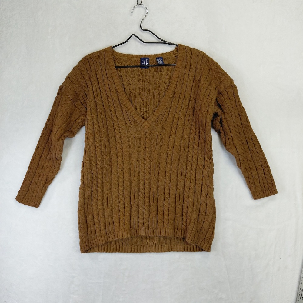 Vintage Gap Cable Knit V-Neck Sweater Brown Ramie Cotton Blend Small